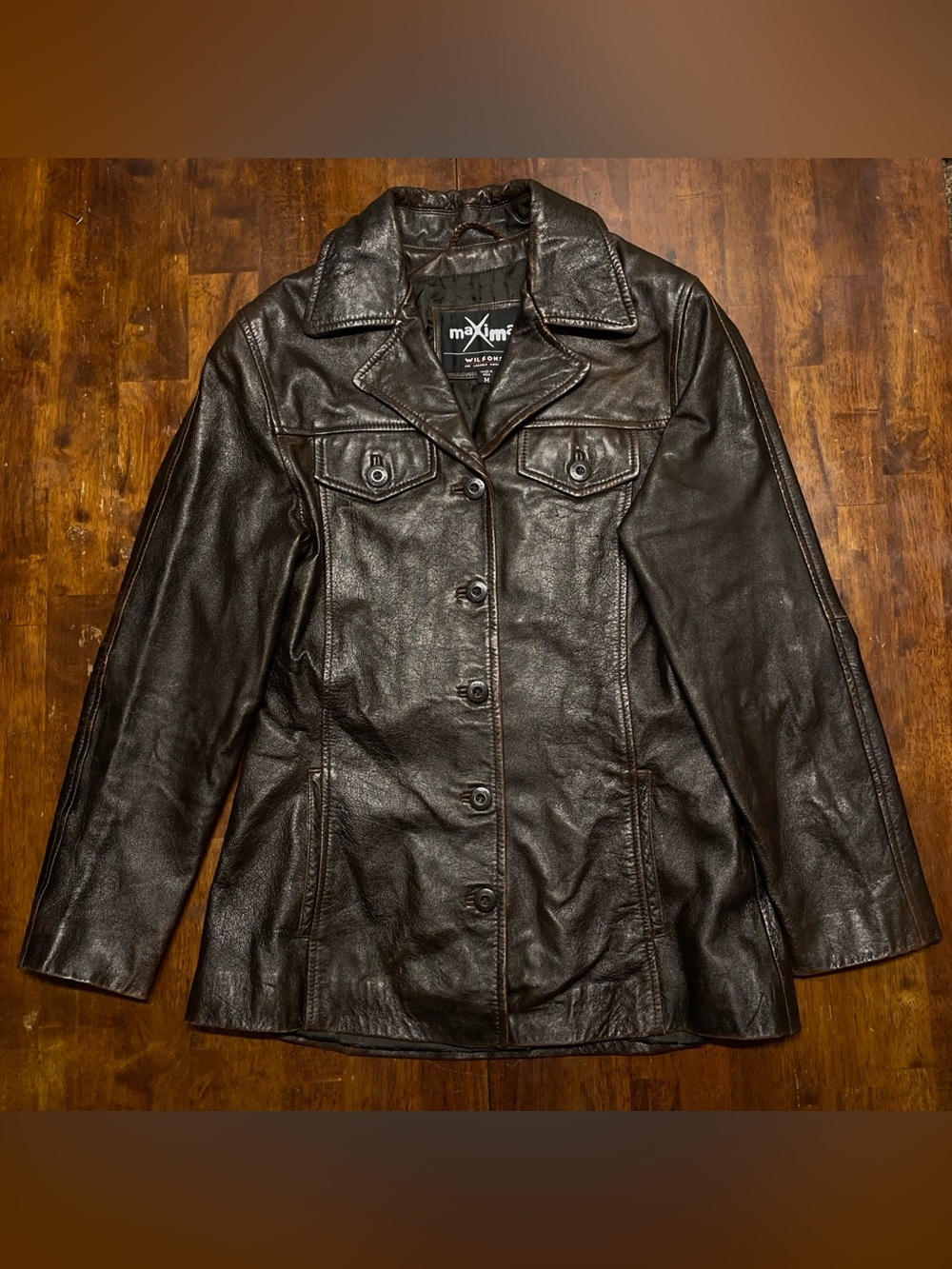 Wilsons Maxima Leather Jacket Womens Medium Brown Button Front Mid Length